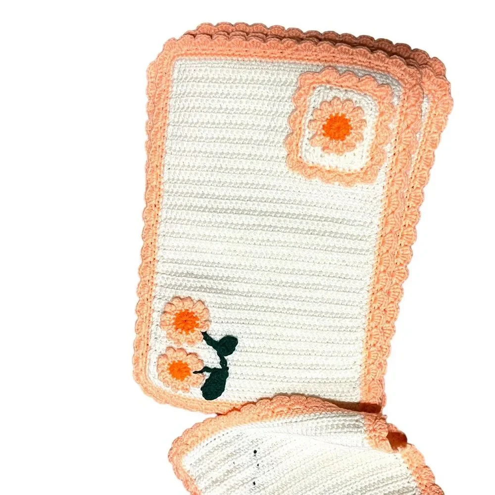 Placemats Crochet Set Of 6 Vintage Orange White Retro 18 X 12 Country Kitsch